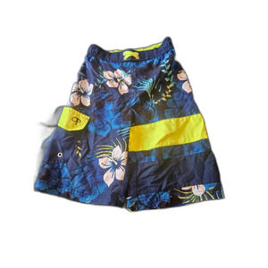 OP Ocean Pacific Boys Tropical Hibiscus Floral Swim Trunks Blue/Lime